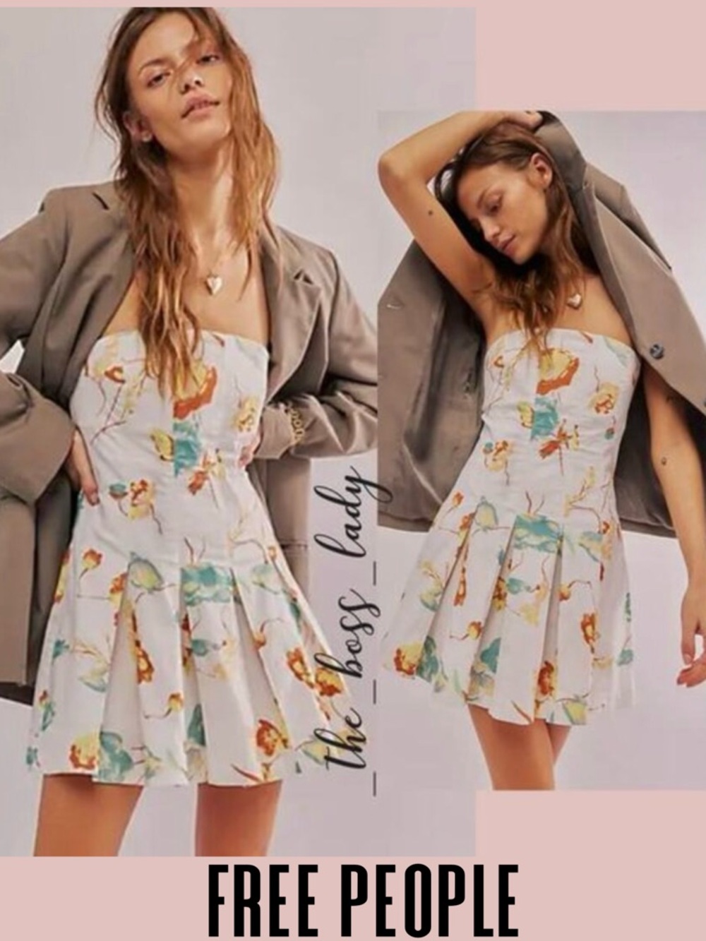Free People floral mini dress strapless pleated spring summer cotton Medium